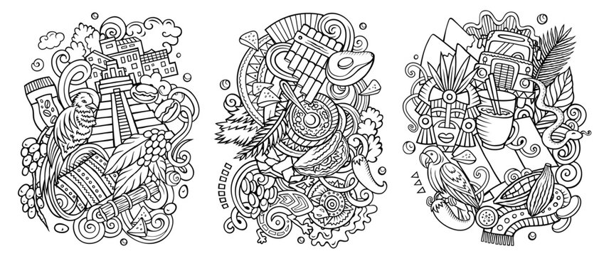 Guatemala cartoon vector doodle designs set.