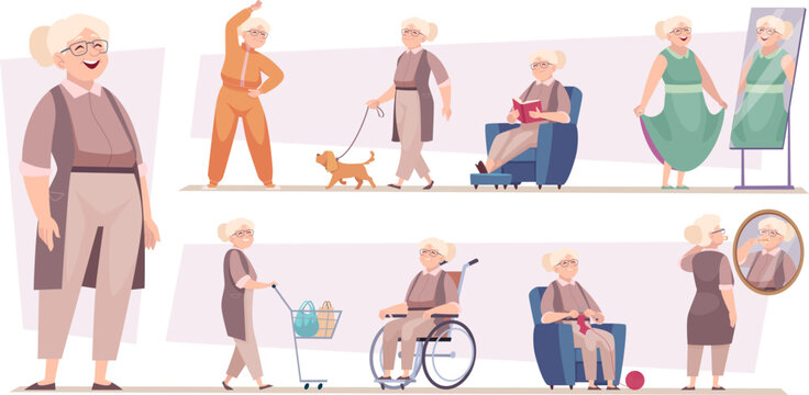 Female Pensioner. Fashioned Elderly Woman Grandma Characters Exact Vector Cartoon Illustrations Set