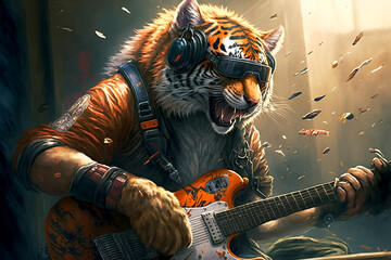 tiger of the chinese zodiac, playing guitar, wearing sungles, headphones. Generative AI