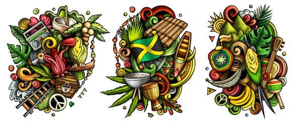 Jamaica cartoon vector doodle designs set.