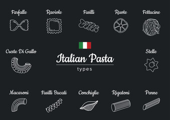 Italian food. Different types of pasta. Food Italian assortment, farfalle and cannelloni, Stortini and anellini spaghetti icons, line style illustration. Vector illustration for menu
