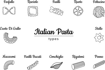 Italian food. Different types of pasta. Food Italian assortment, farfalle and cannelloni, Stortini and anellini spaghetti icons, line style illustration. Vector illustration for menu