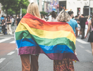Bucharest, Romania - July 2022: LGBTQ rainbow flag at Pride parade rally in Bucharest