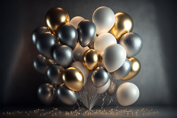 Large Gold, Silver and white Balloon Bouquet, centered and sitting on the floor with a strand of twinkle lights Generative AI