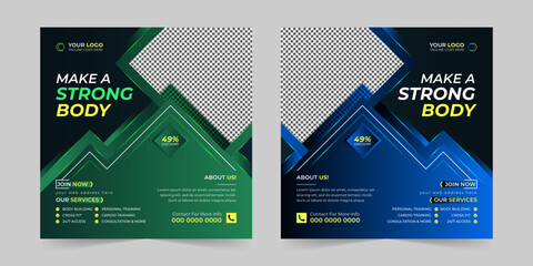 Fitness gym yoga sports workout square social media post and web banner for digital marketing company template vector design