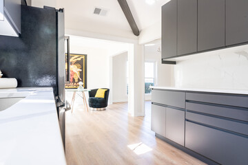 Counter level modern clean kitchen, dark gray cabinets with white countertops and views of a sitting area
