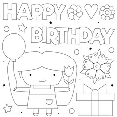 Happy Birthday. Coloring page. Black and white vector illustration.