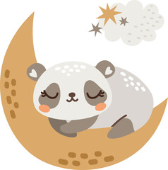 Cute vector children's illustration. Cute panda sleeping on the moon. Scandinavian style illustration 