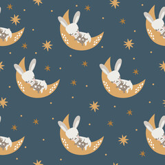 Seamless vector pattern. Cute bunny, rabbit sleeping on the moon. Night sky and stars 