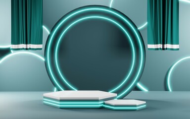 3D render of Podium background in blue tones for displaying cream products. cosmetics