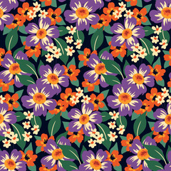 Seamless floral pattern with retro motif, pretty ditsy print with small hand drawn plants. Liberty flower background with daisies, small flowers, large leaves. Vector illustration, cute graphic design