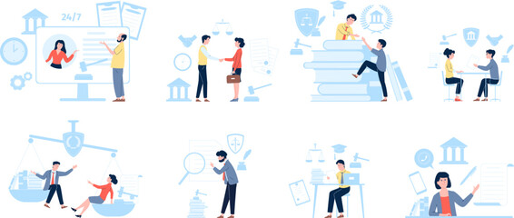 Advocate and lawyers scenes, judge characters. Legal business support, corporate lawyer. Court and law professional workers recent vector set