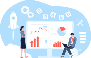 Corporate brand analysis, new start up develop. Business couple, collaboration and development strategy. Create trend, marketing and ad recent vector scene