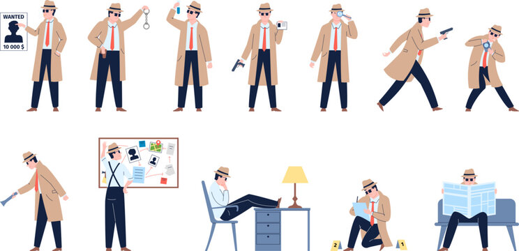Detective character working and inspecting. Detectives professional with gun and magnifier looking foot prints. Recent cartoon agent or inspector vector set