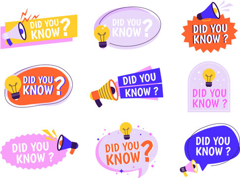 Marketing balloons, do you know stickers design. Facts info graphics labels. Ad badges, question and new idea messages, racy vector typography banners