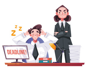 Angry boss and sleepy office worker employee concept. Vector graphic design illustration element