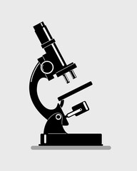 The silhouette of the microscope is black with white lines. Flat style. Science, research, magnification.