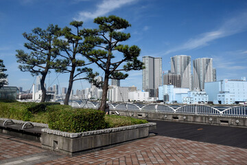 Naklejka premium View of Tokyo skyline seen from the shore around Hamamatsucho district, blue sky and sunny weather