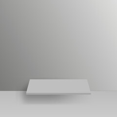Empty white shelf on a gray wall with copy space. Vector abstract mock up realistic 3D.