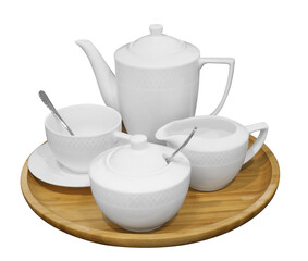 White tea set on a white background. Teapot, cream, sugar bowl, cups, saucers isolated on...