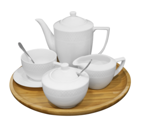 White tea set on a white background. Teapot, cream, sugar bowl, cups, saucers isolated on transparent background