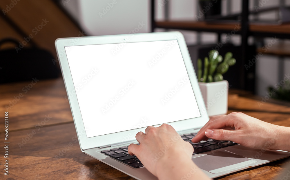 Poster Laptop screen mockup, hands typing on computer keyboard, PC with white blank empty display monitor on office desk. High quality photo