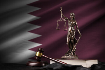 Qatar flag with statue of lady justice, constitution and judge hammer on black drapery. Concept of...