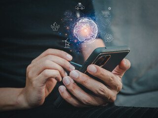 Social network communication.Global network connection concept.Businessman touching smart phone global big data.Global digital connections with technology.