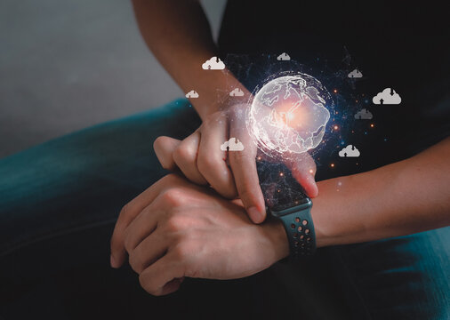 Social network communication.Global network connection concept.Businessman touching smart watch global big data.Global digital connections with technology.