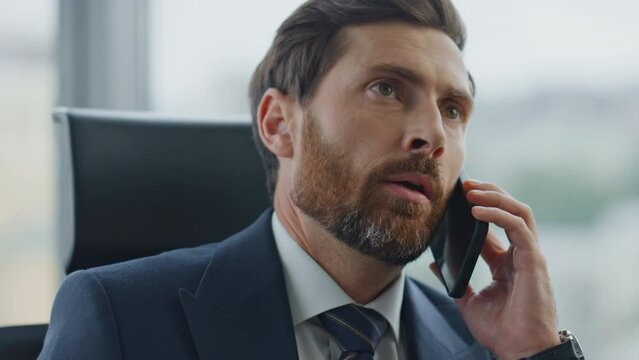 Professional lawyer talking phone sitting office closeup. Manager finishing talk