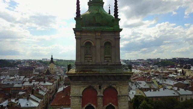 central part of the city of Lviv, Ukraine, drone flight