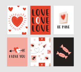 Set of 6 cute ready-to-use gift romantic postcards. Gifts, hearts, cups. Vector printable collection of Valentine's Day card, invitation, poster in gentle colors template design