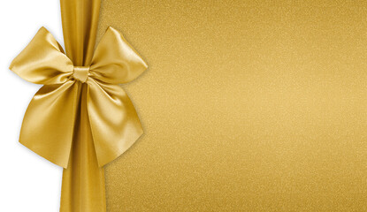 golden ribbon bow isolated on glitter background, top view copy space for gift greeting card, Merry...