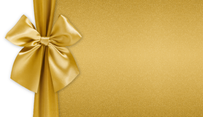 golden ribbon bow isolated on glitter background, top view copy space for gift greeting card, Merry Christmas and happy Easter or mother and valentine day banner, template for wrapping chocolates box