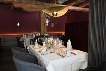 Wedding table setting. Luxury dishes are a nice serving table in the restaurant. 