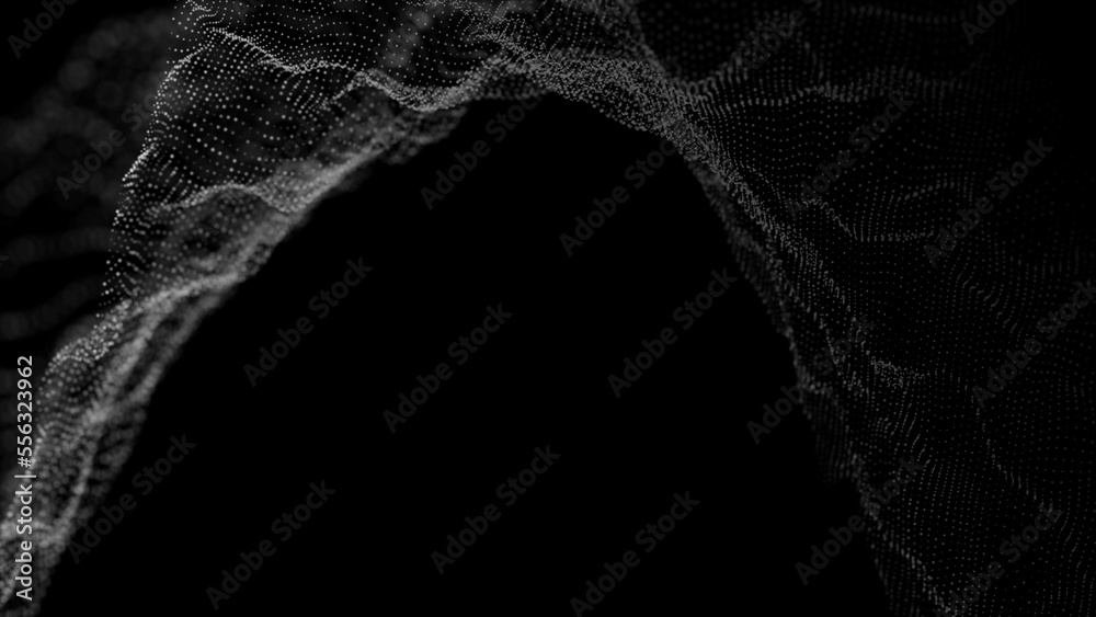 Poster Wave of digital particles on a black background. Abstract interlacing lines and points. Digital connection of elements. Simulation of the movement of small particles. 3D rendering.