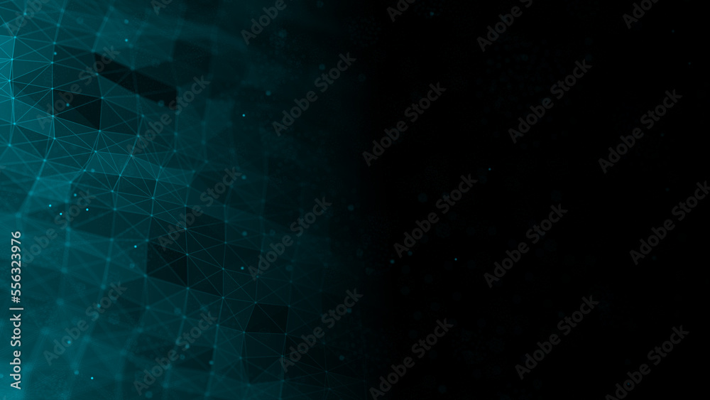 Poster Futuristic wave with lines and dots. Abstract background with a dynamic wave. Particle placement with hanging dots in space. Large data background. 3d rendering.