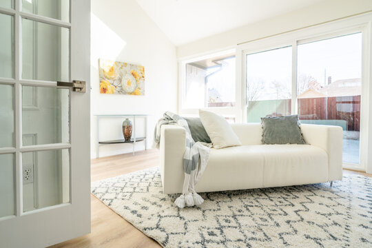 modern sunroom, white & gray, transitional. Empty 