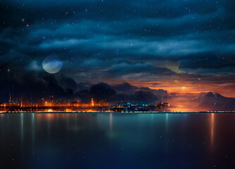 Obraz premium night sea orange and blue starry sky in harbor ,blue sea water nebula and big moon on sea on horizon city light blurred light 