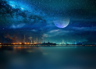 Fototapeta na wymiar night sea starry sky in harbor ,blue sea water nebula and big moon on sea on horizon city light blurred light 