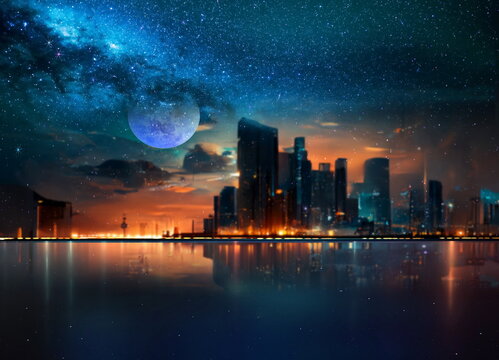  night sea  starry sky  in harbor ,blue sea water  nebula and big moon on sea on horizon city light blurred light 