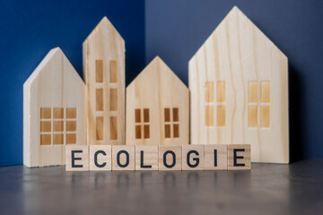 maisons en bois écologiques avec écologie écrit sur des cubes de bois