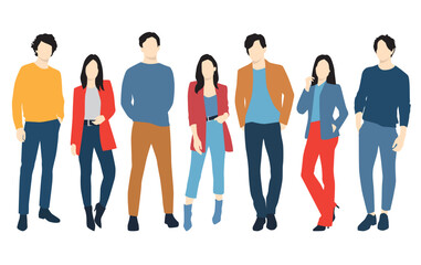 Obraz premium Set of young men and women, different colors, cartoon character, group of silhouettes of standing business people, students, the design concept of flat icon, isolated on white background