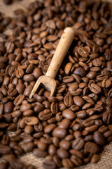 grains de café  torréfiés et cuillère en bois 