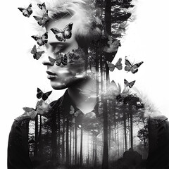 Double exposure, male portrait, flowers, leaves. Black and white. monochrome. AI illustration © liliya
