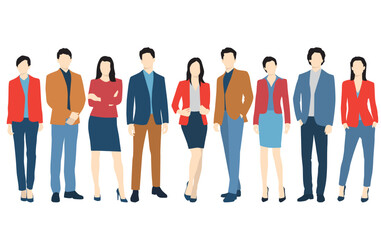 Obraz premium Set of young men and women, different colors, cartoon character, group of silhouettes of standing business people, students, the design concept of flat icon, isolated on white background