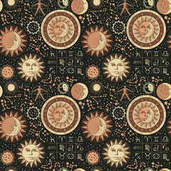 Seamless pattern on the theme of zodiac and horoscopes. Hand-drawn vector background with sun, moon, stars, constellations and human figure like Vitruvian man on backdrop in retro style