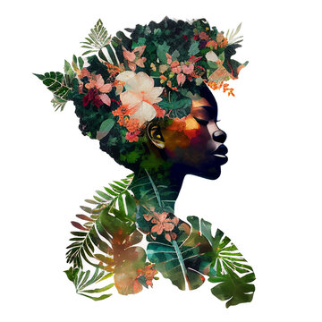 Portrait beautiful african american woman, flowers tropical leaves, abstract. Watercolor drawing. AI