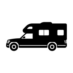 Motorhome pickup truck icon. Camper, caravan. Black silhouette. Side view. Vector simple flat graphic illustration. Isolated object on a white background. Isolate.
