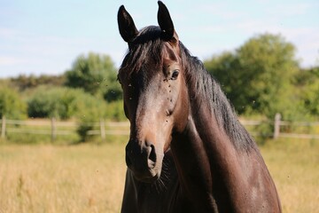 beautiful head portrait from a dark horse on the paddock